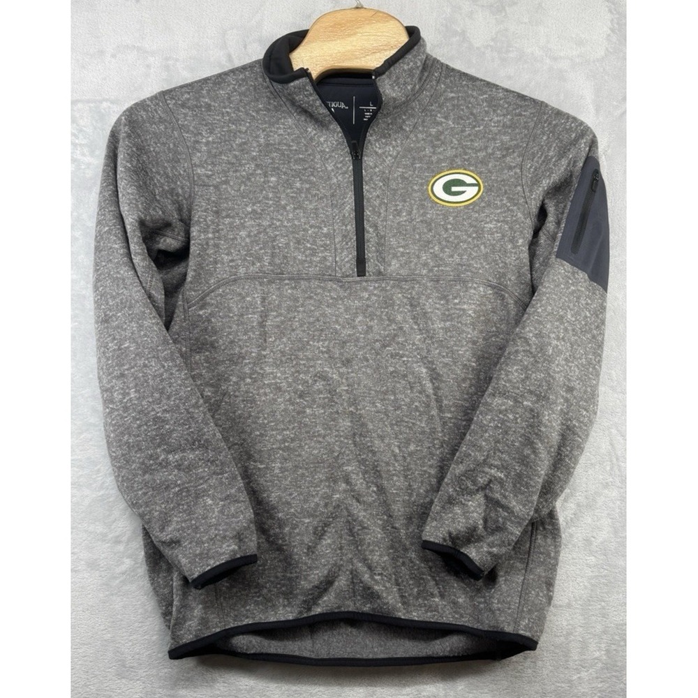Antigua Green Bay Packers Fleece Pullover Gray NFL 1/4 Zip Mock Neck NFL Men's L